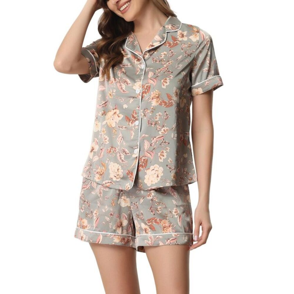 cheibear Women's Satin Short Sleeves Button Down Shirt